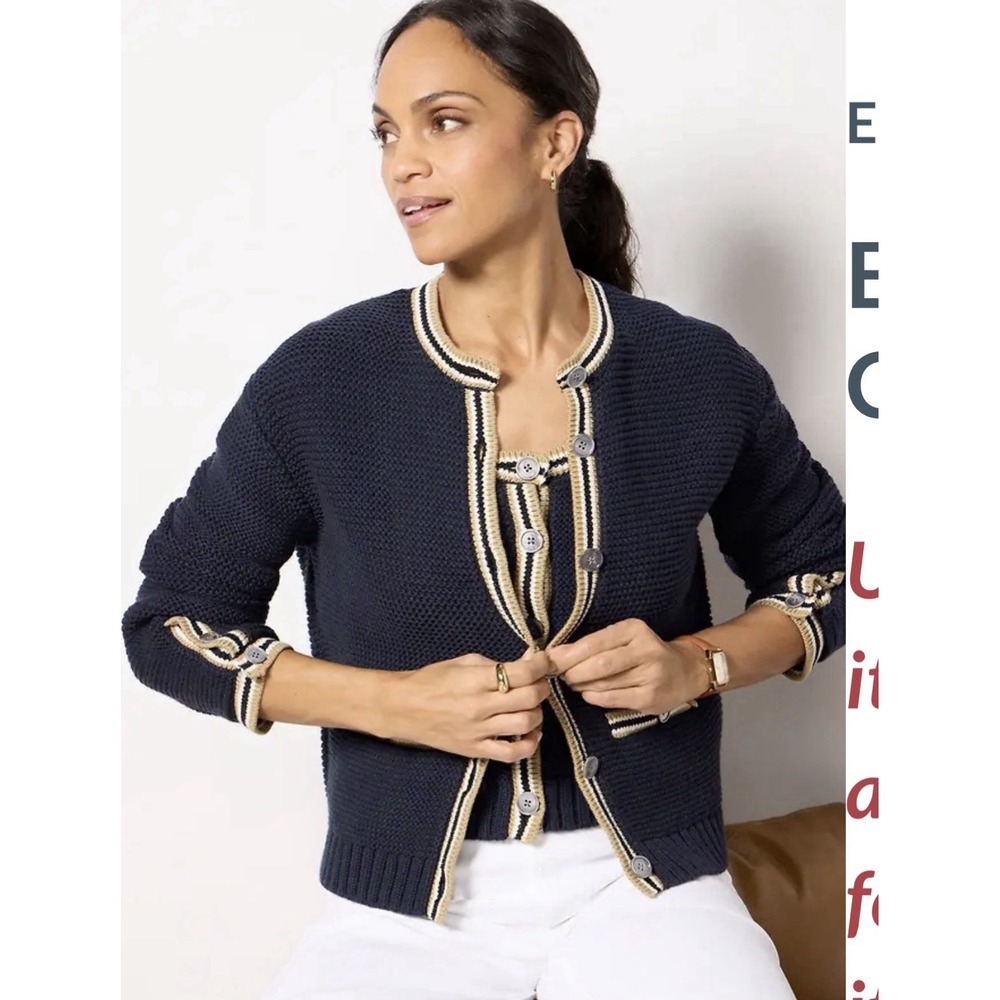 NWOT Alex Mill Emerson Cotton Cardigan Navy Blue Striped Trim Size L